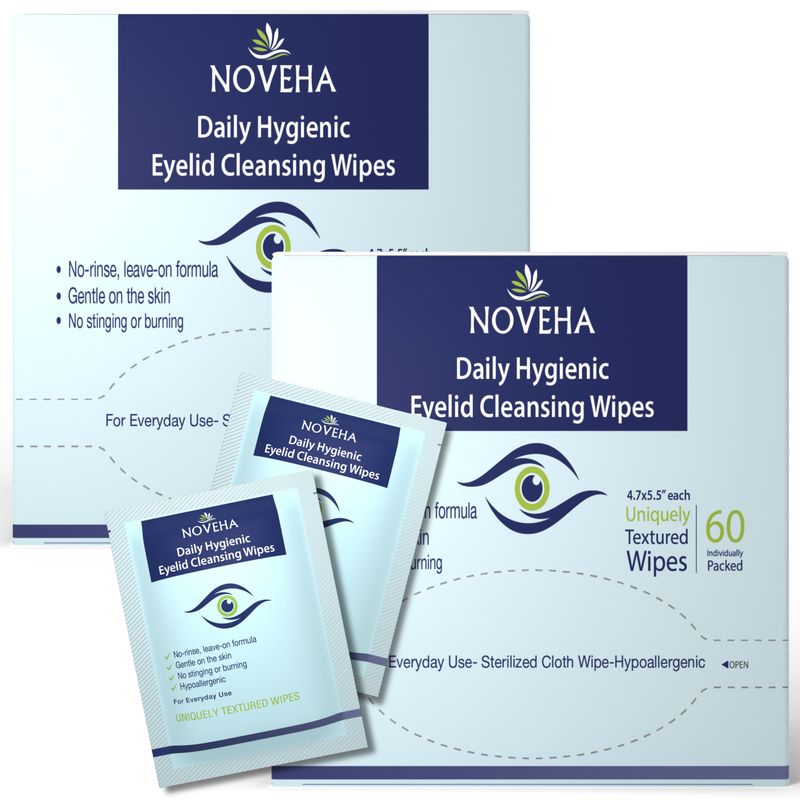 NOVEHA 120Pcs Daily Hygienic Eyelid &amp; Lash Wipes | 120 Individually Wrapped Cleansing Eyelash Wipes - For Blepharitis &amp; Itchy Eyes, Demodex and Natural Makeup Remover &amp; Daily Cleanser (2 Pack)