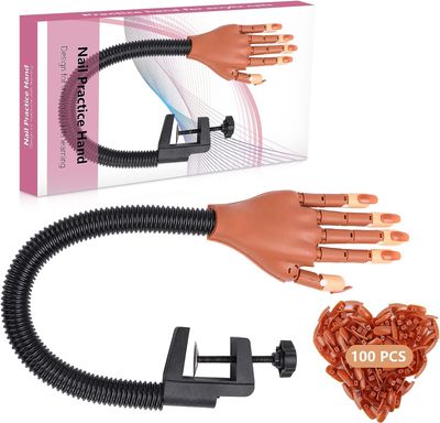 Practice Hand for Acrylic Nails,100 Pcs Nail Tips Flexible Training Hand Professional Nail Art Hand Tools Adjustable False Finger Nails for DIY Nail Manicure
