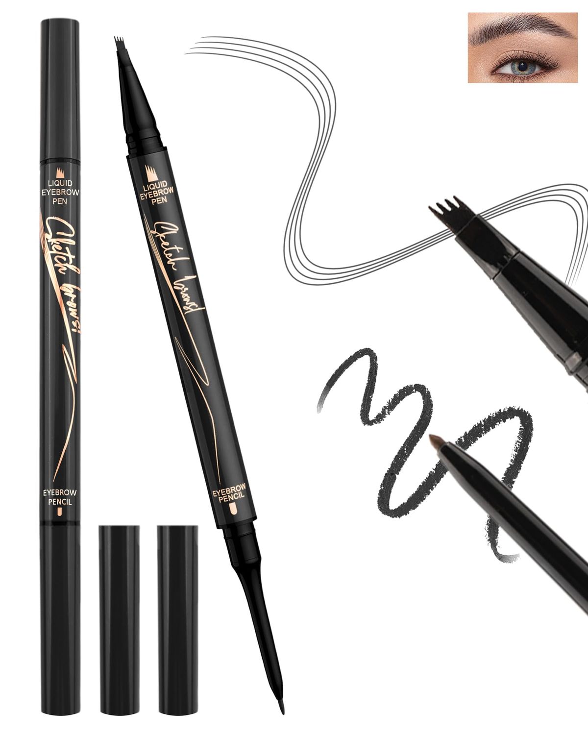 3D Microblading Eyebrow Pen, Black Dual-Ended Brow Pencil with 4-Fork-Tip Liquid Brow Pen &amp;Ultra Fine Retractable Eyebrow Pencil, Waterproof Longlasting Eyebrow Filler Makeup for Women Natural Bows-04