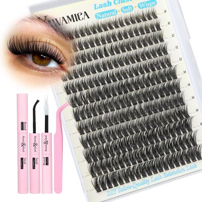 Yawamica Lash Extension Kit Wispy Lash Clusters Kit 10-16mm Eyelash Extension Kit Curl Eyelash Clusters 228pcs Individual Lashes with Waterproof Lash Bond and Seal Lash Tweezers for Wispy Hybrid Look