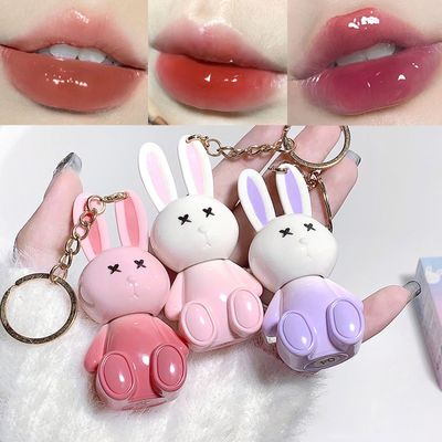 Bekoeen 3Psc Rabbit Key chain Jelly Lip Glaze,Moisturising Crystal Keychain 2 in 1Lip Glow Gel,Sparkling Lipgloss Liquid Lipstick Set, Hydrating Sweet Lip Gloss Set