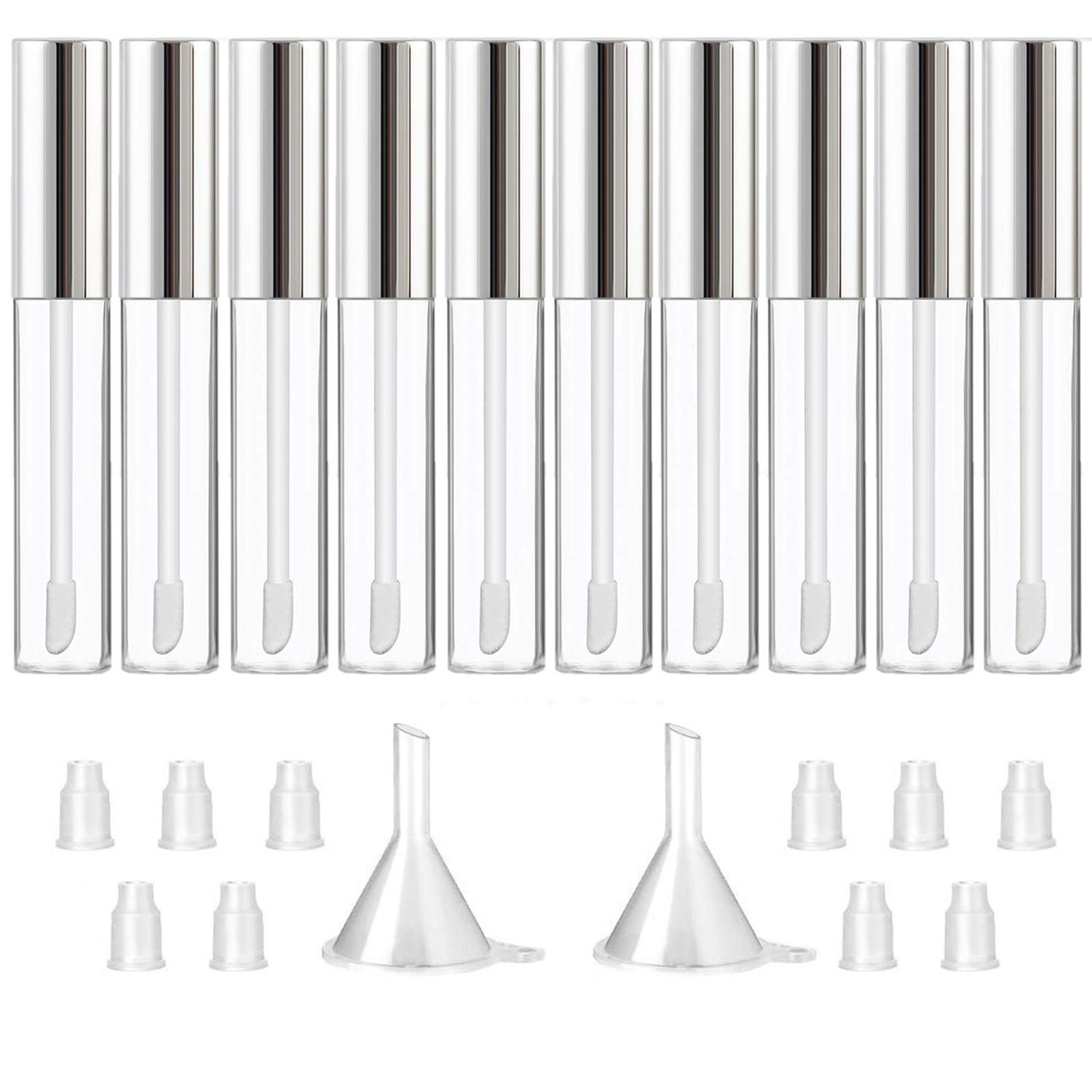 GTHER 10PCS 10ML Empty Lip Gloss Containers Tube with Wand, Refillable Lip Balm Bottles, Lipstick Sample Container and Funnel and Rubber Stoppers for Girls DIY Lip Samples, Silver Top