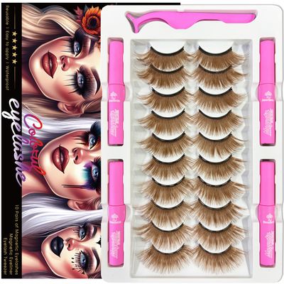 Magnetic Eyelashes Colored Eyelashes for Halloween Party Cosplay Makeup Kit,10 Pairs Color Magnetic Cat Eye Lashes with Eyeliner, Full Volume Brown Look 18-23MM Fake Eyelash Cruelty-Free &amp; Vegan