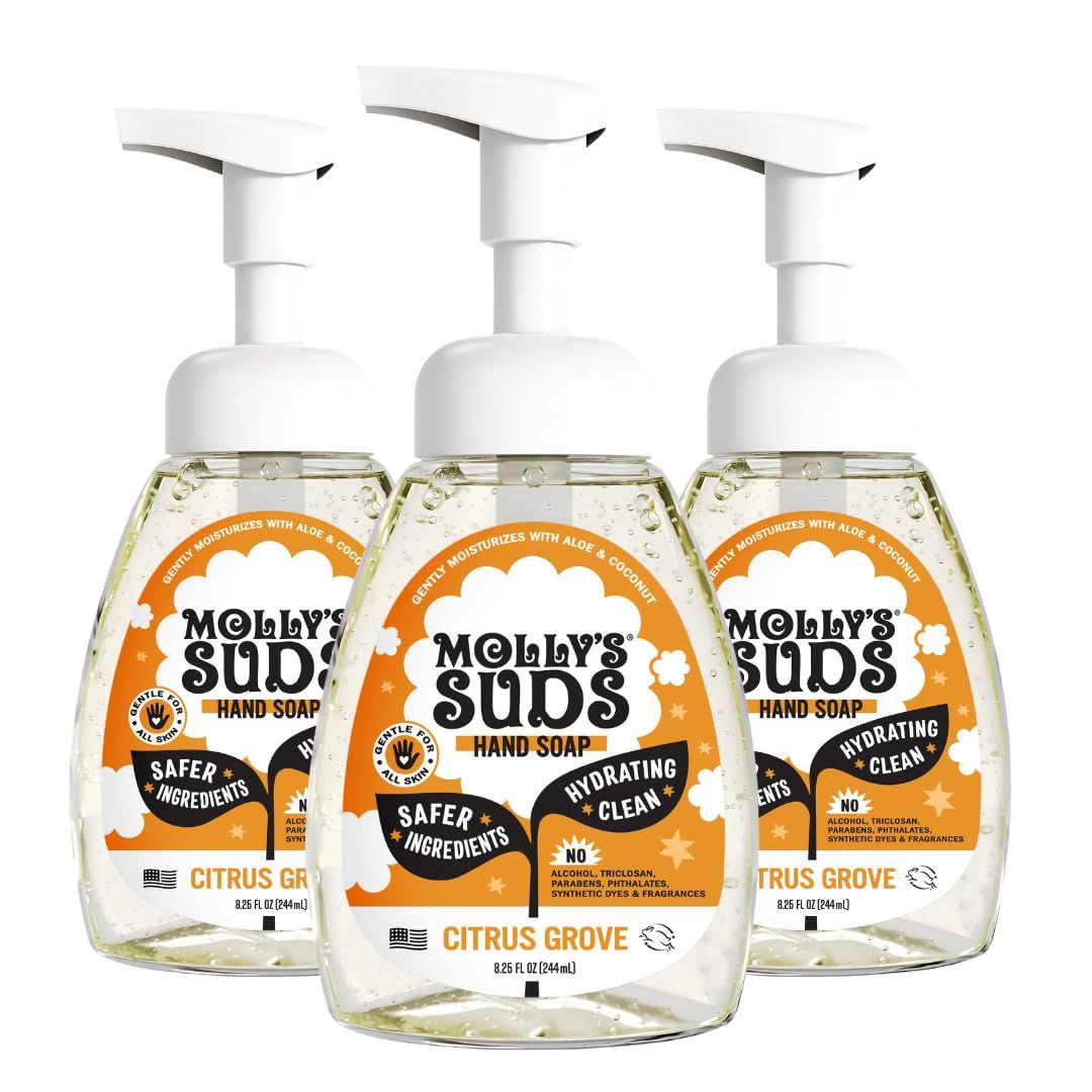 Molly&#39;s Suds Foaming Hand Soap - Made with Aloe and Coconut Oil | Moisturizing Hand Wash | Clean Ingredients, Infused with Essential Oils | Citrus Grove - 8.25 Oz (Pack of 3)