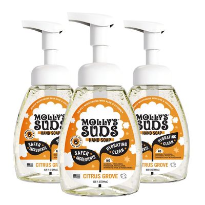 Molly&#39;s Suds Foaming Hand Soap - Made with Aloe and Coconut Oil | Moisturizing Hand Wash | Clean Ingredients, Infused with Essential Oils | Citrus Grove - 8.25 Oz (Pack of 3)