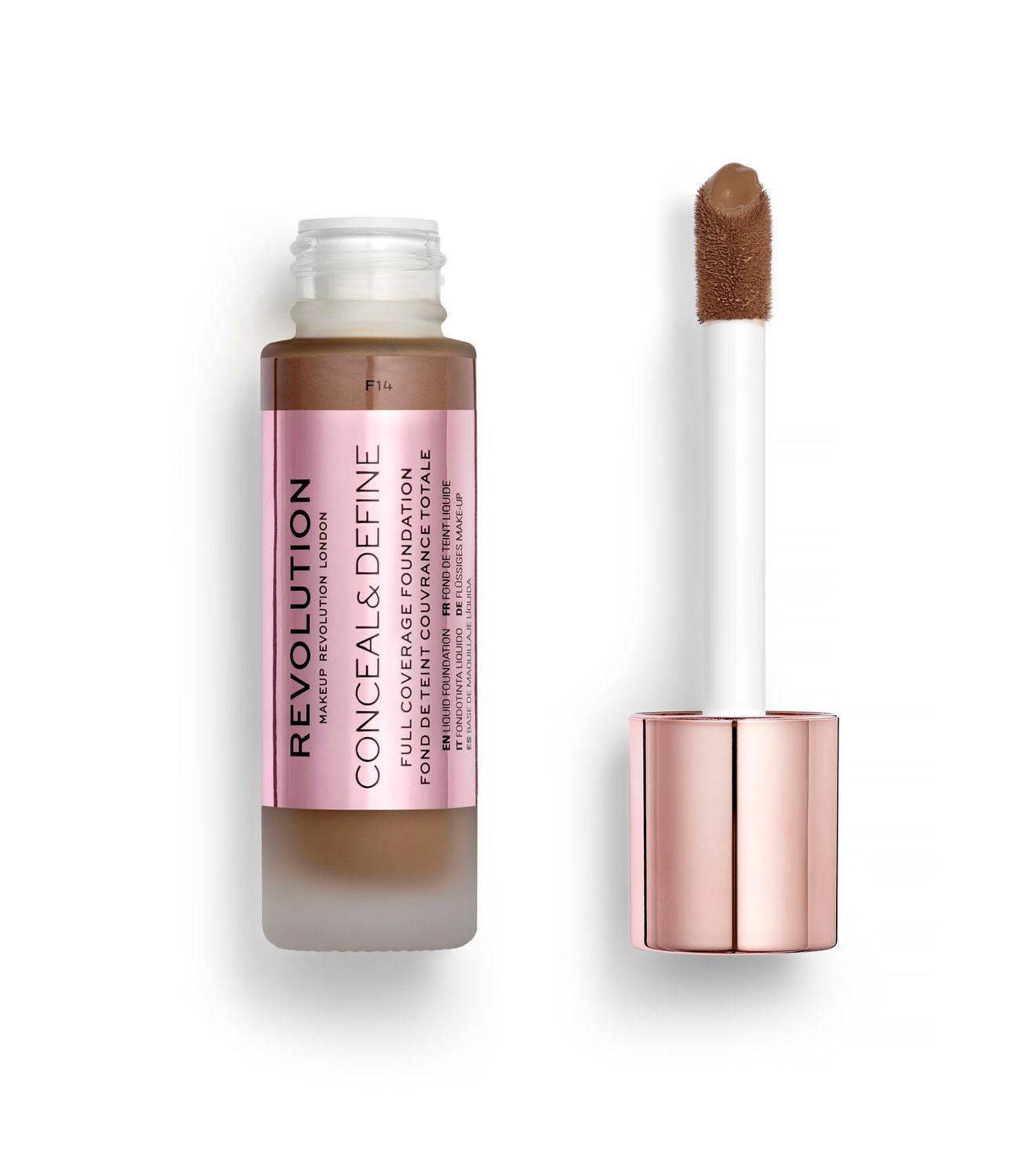 Revolution Beauty, Conceal &amp; Define Foundation, Full Coverage, Long-Lasting Matte Finish, Vegan &amp; Cruelty Free, F14 Dark Skin Tones, 0.8 Fl.Oz.