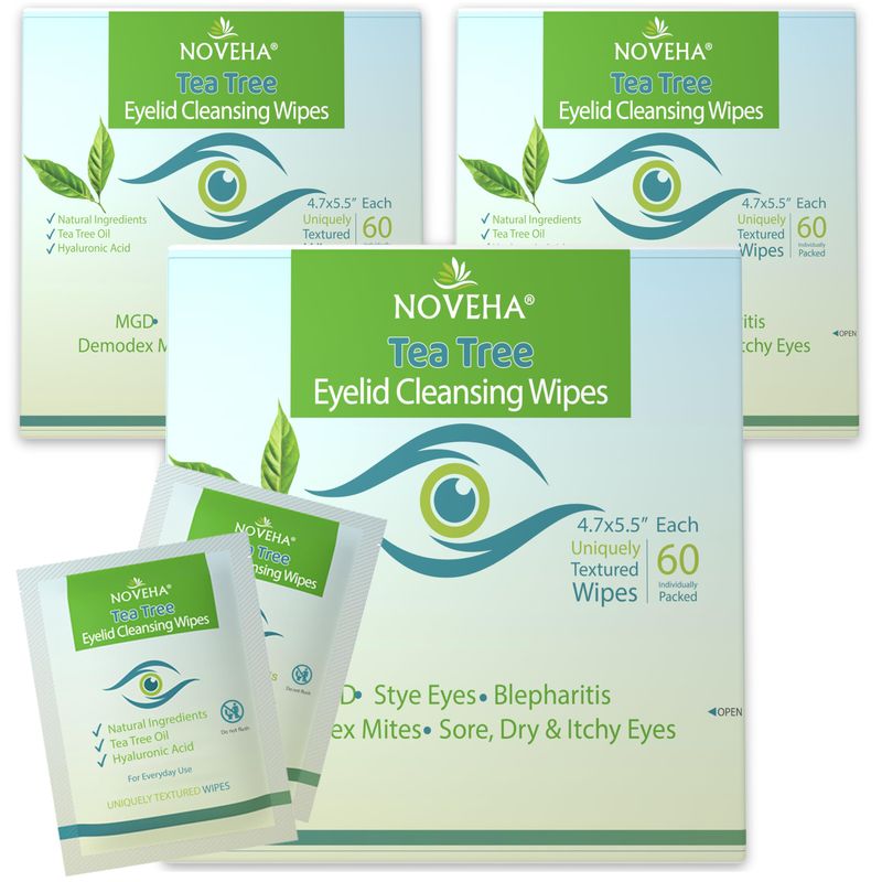 NOVEHA Tea Tree Oil Eyelid &amp; Lash Wipes With Hyaluronic Acid, Green Tea &amp; Chamomile For Blepharitis &amp; Itchy Eyes, Individually Wrapped Eyelash Wipes Natural Makeup Remover &amp; Daily Cleanser (Pack of 3)