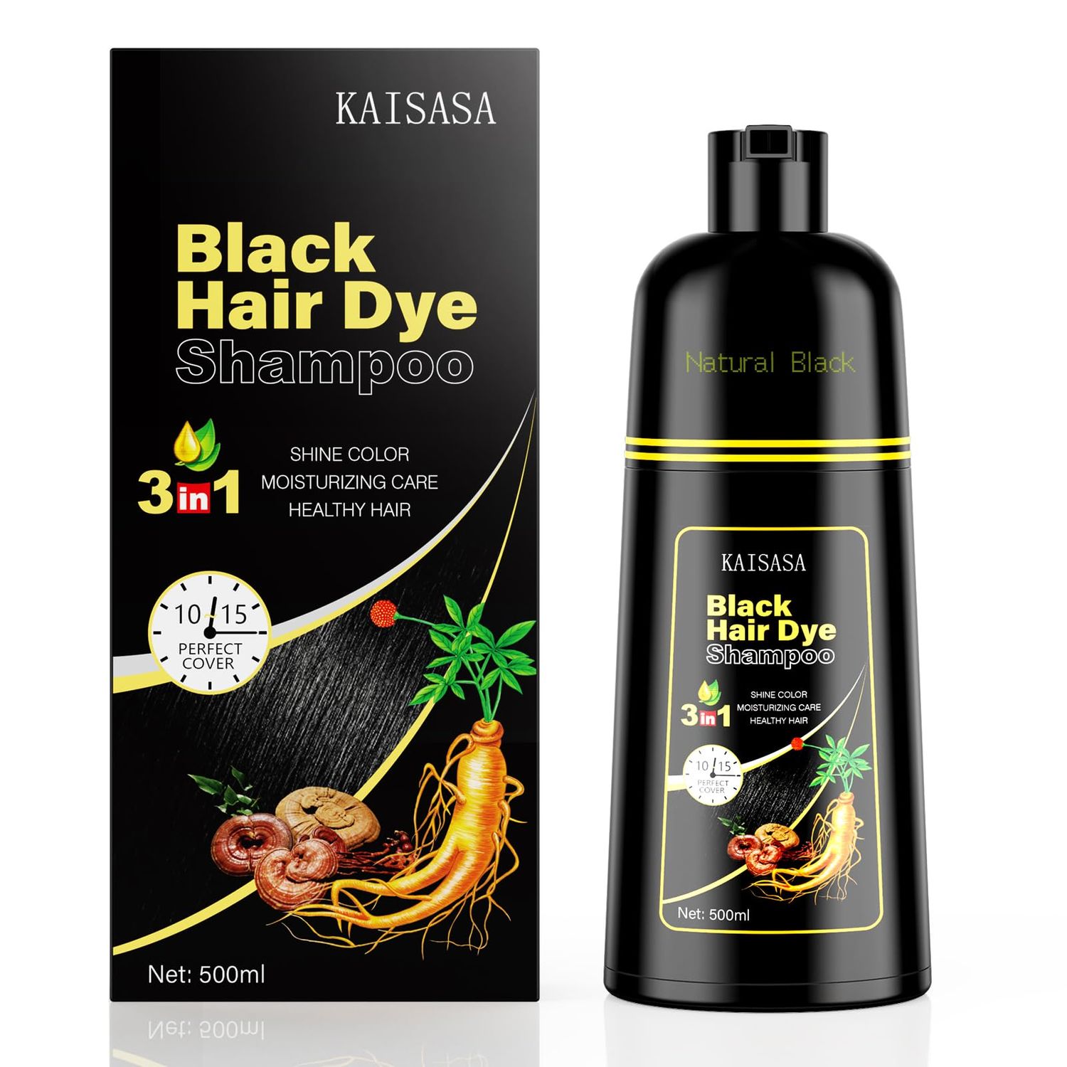 KINGMING Black Hair Dye Shampoo 3 in 1 for Gray Hair, Hair Color Shampoo for Women Men Grey Hair Coverage, Herbal Ingredients Champu Con Tinte Para Canas 500ml (Black).