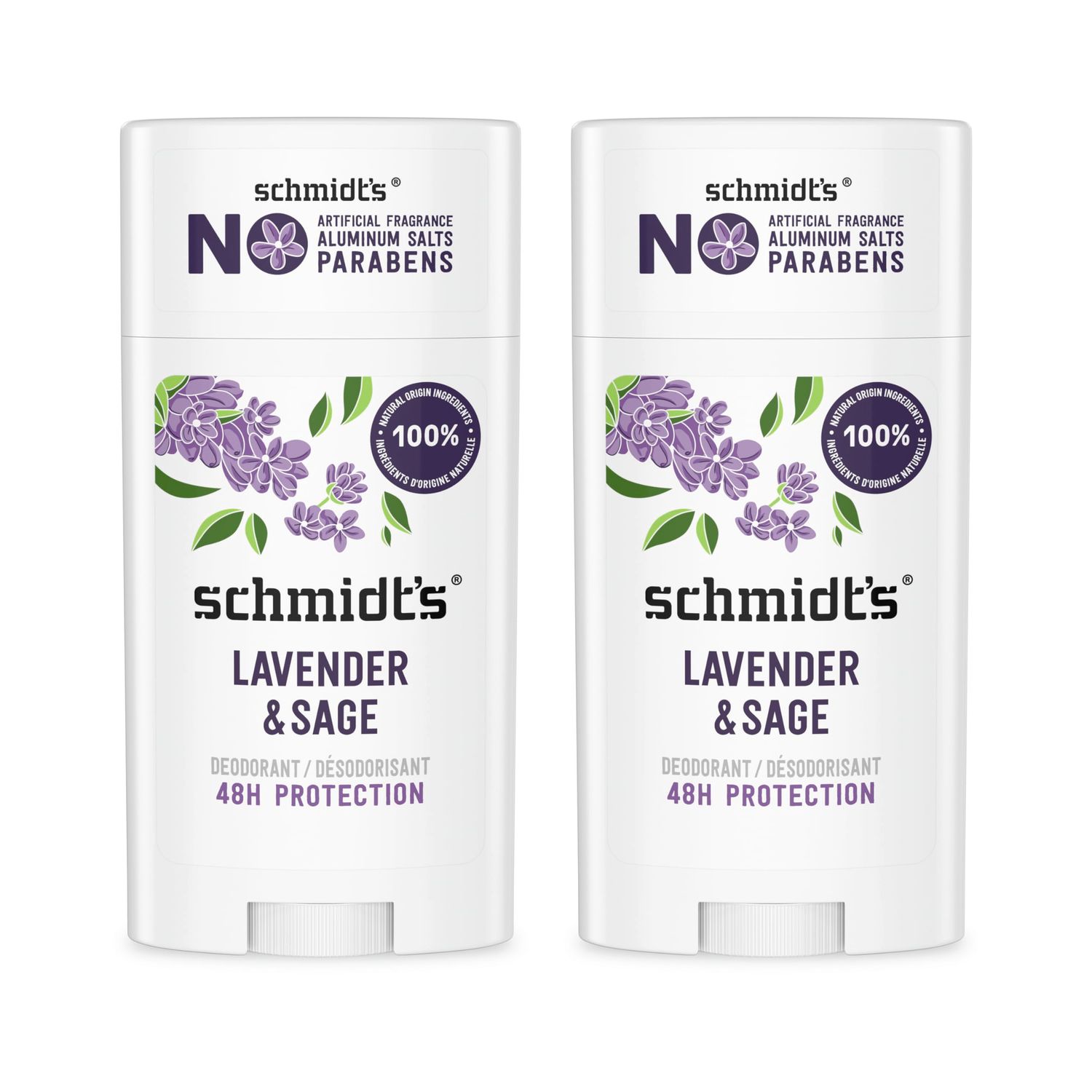 Schmidt&#39;s Aluminum-Free Vegan Deodorant Lavender &amp; Sage with 24 Hour Odor Protection, 2 Count for Women and Men, Natural Ingredients, Cruelty-Free, 2.65 oz