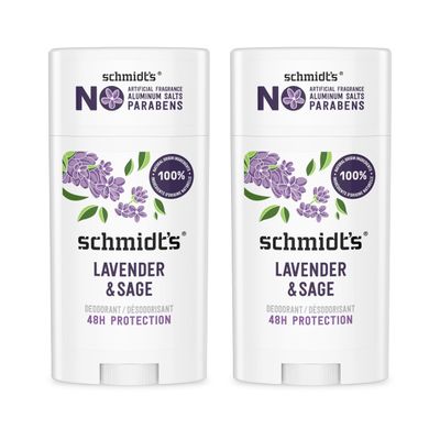 Schmidt&#39;s Aluminum-Free Vegan Deodorant Lavender &amp; Sage with 24 Hour Odor Protection, 2 Count for Women and Men, Natural Ingredients, Cruelty-Free, 2.65 oz