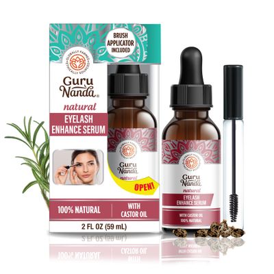 GuruNanda Natural Castor Oil Eyelash Enhance Serum with Rosemary Oil - With Brush Applicator, Helps Eyebrows &amp; Beards for Natural Hair Growth, 2 Fl Oz