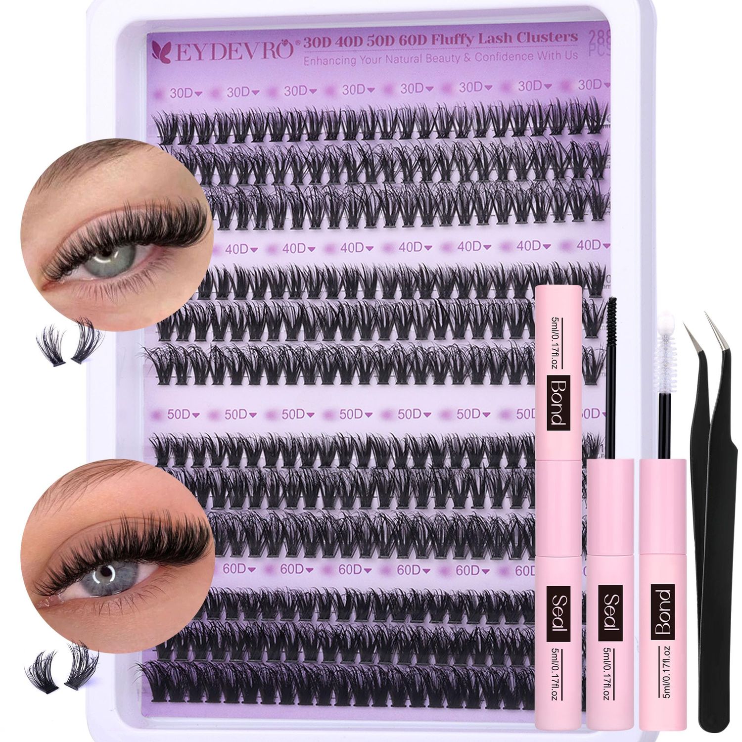 EYDEVRO Fluffy Lash Clusters Kit 30D40D50D60D Lash Extension Kit Cluster Eyelash Extension Kit 10-14mm D Curl Individual Lashes Kit Cluster Lashes with Waterproof Lash Bond and Seal Lash Tweezers