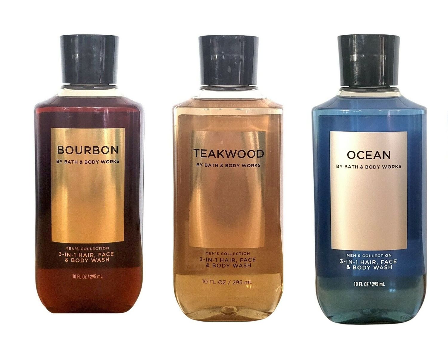 Bath and Body Works 3 Pack 2-in-1 Hair  Body Wash Teakwood, Ocean and Bourbon. 10 Oz.