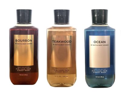 Bath and Body Works 3 Pack 2-in-1 Hair  Body Wash Teakwood, Ocean and Bourbon. 10 Oz.