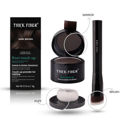 THICK FIBER Root Touch Up Powder - Water &amp; Sweat Resistant Hair Loss Concealer Set for Thinning Hair Women, Includes Brush (Dark Brown)