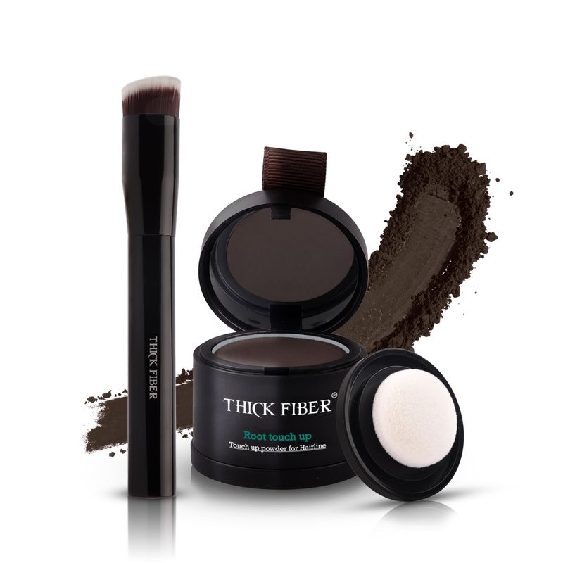 THICK FIBER Root Touch Up Powder - Water &amp; Sweat Resistant Hair Loss Concealer Set for Thinning Hair Women, Includes Brush (Dark Brown)