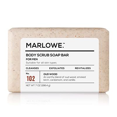 MARLOWE. No. 102 Men&#39;s Body Scrub Soap 7 oz, Earthy Oud Wood Scent, Best Exfoliating Bar for Men, Made with Natural Ingredients, Apricot Seed Powder, Shea Butter, Olive Oil, Green Tea Extracts