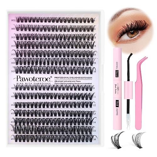 Pawotence Lash Extension Kit DIY 280pcs Lash Clusters Eyelash Extension Kit, 9-16mm 30D 40D Individual Lashes Kit with Lash Bond and Seal, Lash Tweezers for Self Use (30D&amp;40D, 0.07D, 9-16mm, Kit)