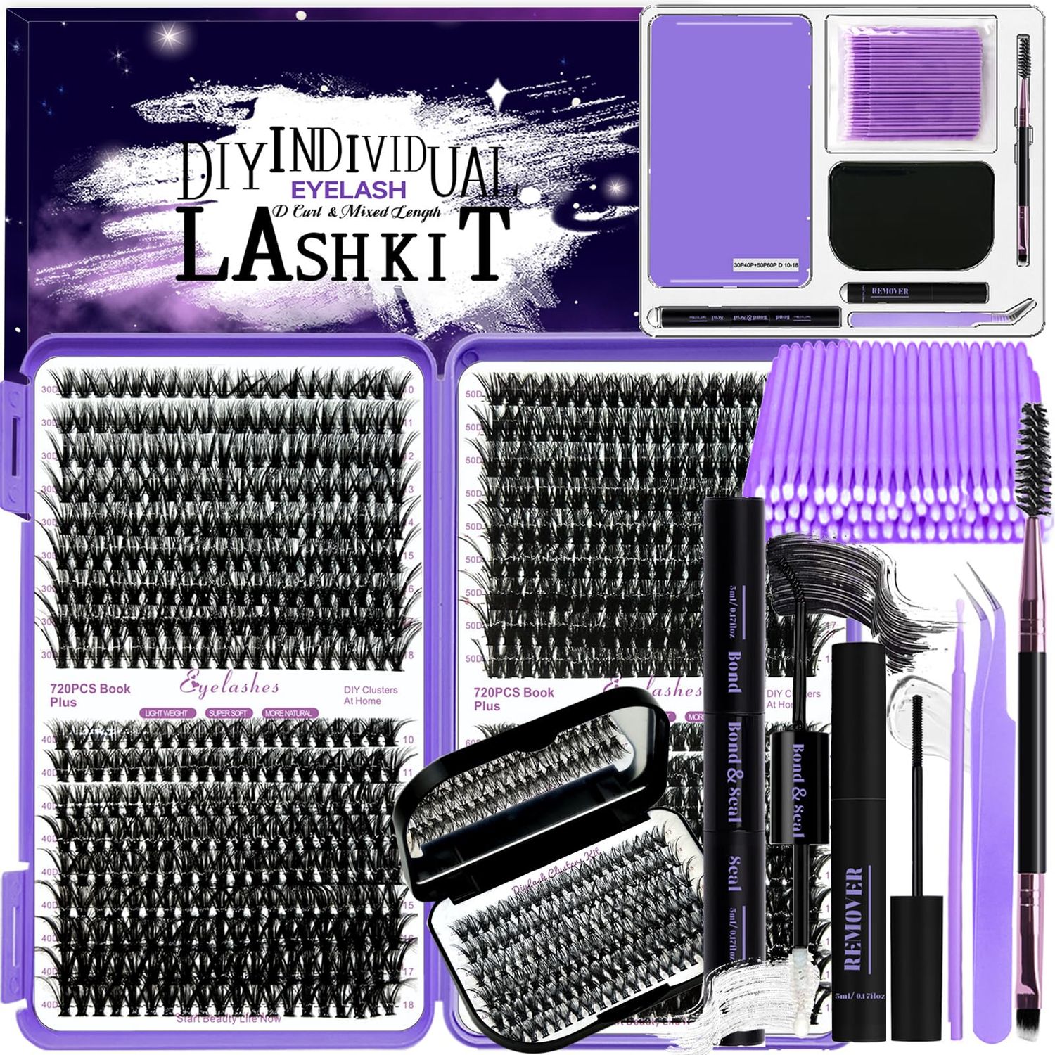 DIY Lash Extension Kit 840Pcs D Curl Individual Lash Clusters Eyelashes Extension Set with Mirror Lash Storage Box Lash Bond&amp;Seal Glue Remover Tweezers Lash Brush Applicator