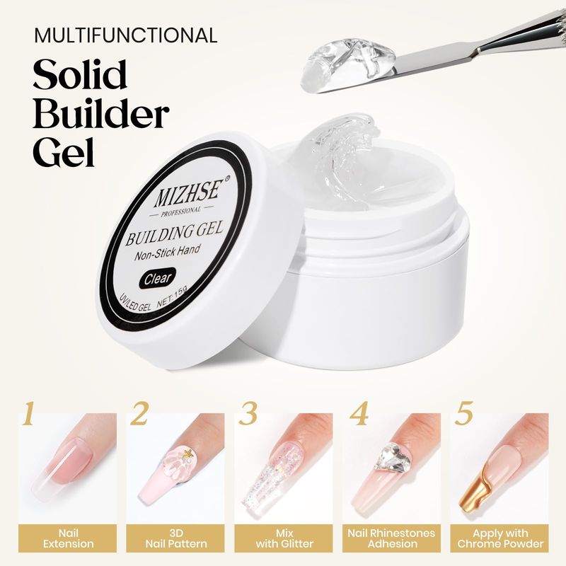 MIZHSE Solid Builder Gel for Nails, Non-Sticky Hard Gel Sculpting Gel, 3D Gel Nail Art Building Gel Carving Gel Modeling Gel Nail Extension Soak Off UVLED Nail Art Salon Home DIY 15 g Clear