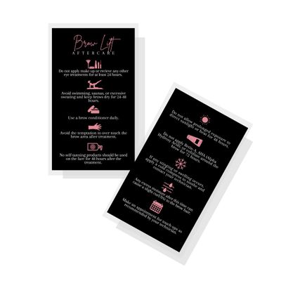 Brow Lift Aftercare Cards | 50 Pack | 2x3.5 inches Business Card Size | Starter Lift Kit At Home DIY Brow Lift and Tint | Black with Rosey Pink Design