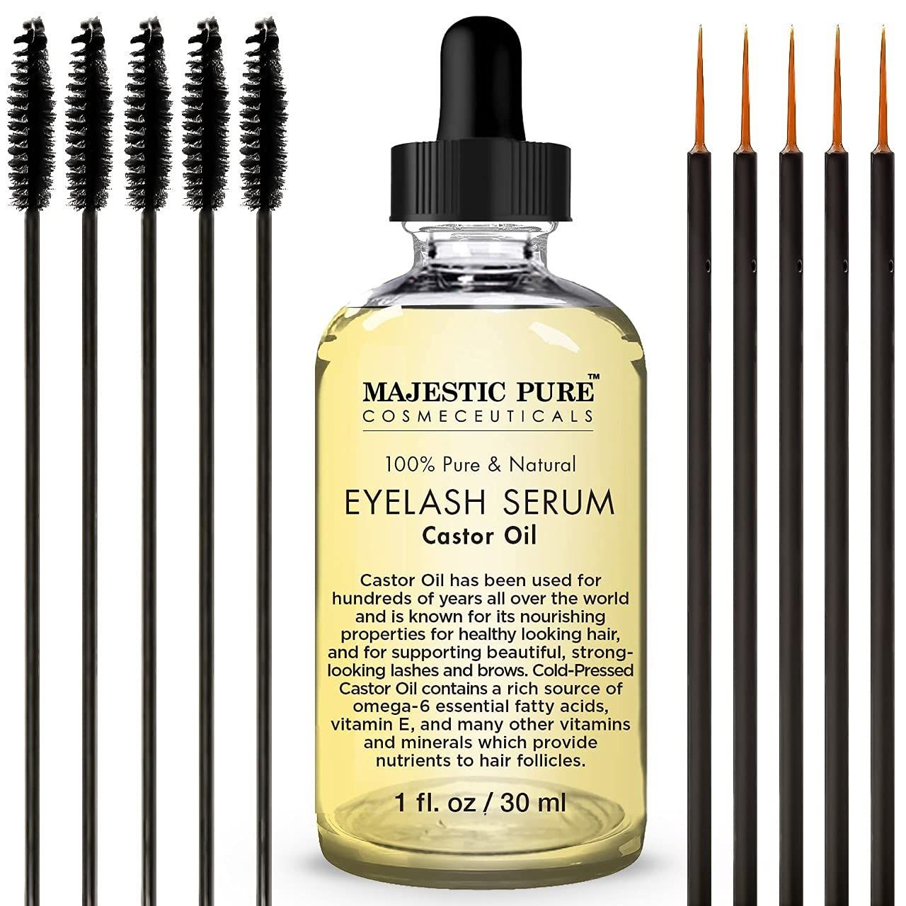 Majestic Pure Castor Oil Eyelash Serum - with Apple &amp; Argan Stem Cells - Eyelash Growth Serum for longer thicker Eyelashes, Eyebrows &amp; Hair - Free Set of Mascara Brush &amp; Eyeliner Applicator - 1 fl oz