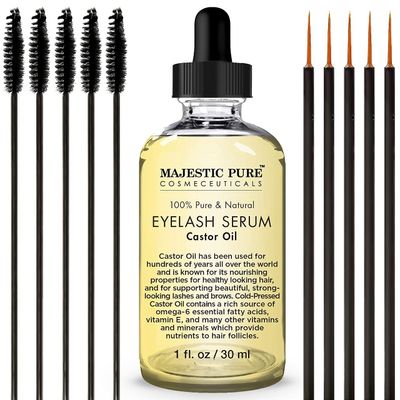 Majestic Pure Castor Oil Eyelash Serum - with Apple &amp; Argan Stem Cells - Eyelash Growth Serum for longer thicker Eyelashes, Eyebrows &amp; Hair - Free Set of Mascara Brush &amp; Eyeliner Applicator - 1 fl oz