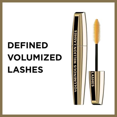 LOreal Paris Makeup Voluminous Million Lashes Mascara, Volumizing, Defining, Smudge-Proof, Clump-Free Lengthening, Collagen Infused Eye Makeup, Amplifying Mascara Brush, Blackest Black, O.3 Fl Oz