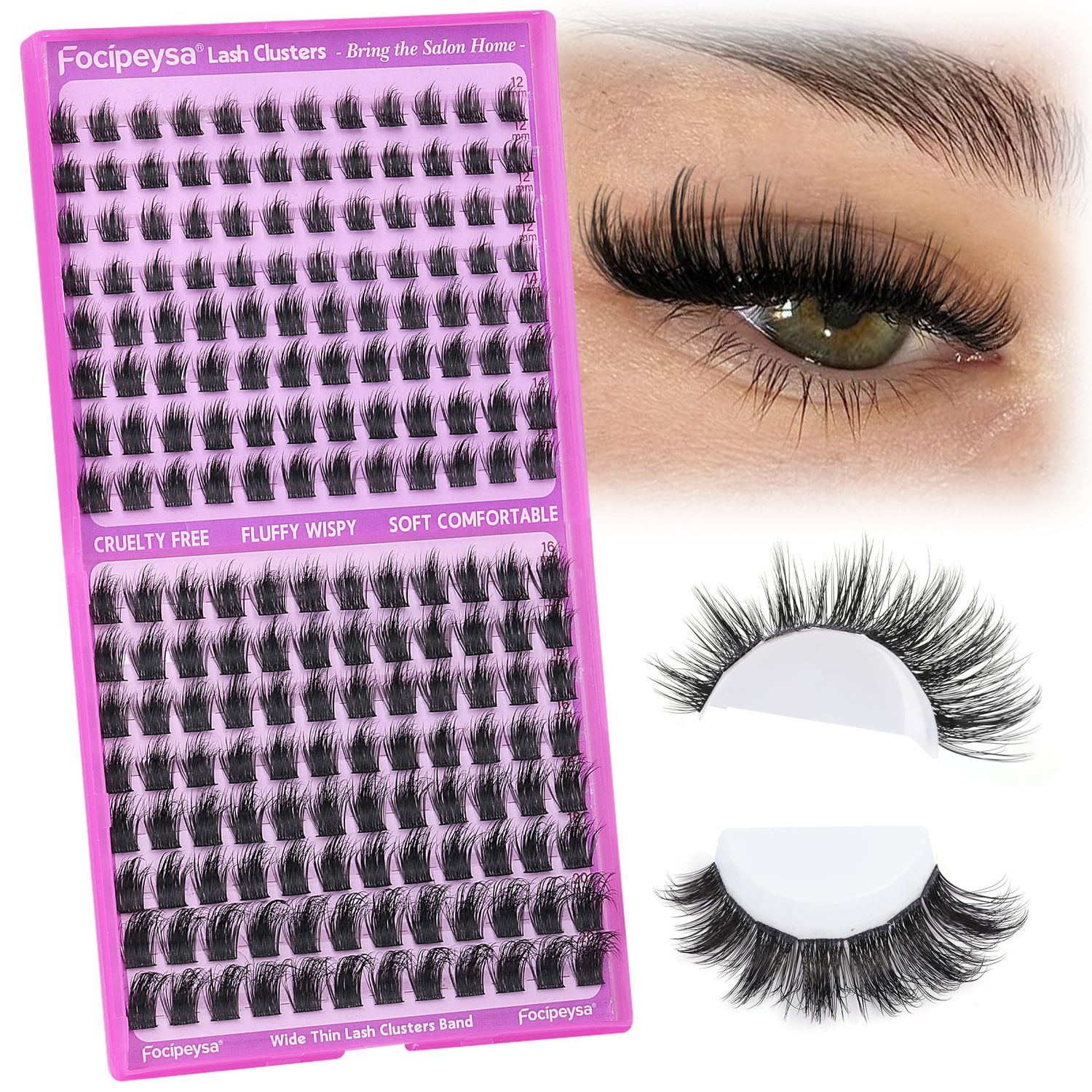 Focipeysa Lash Clusters Fluffy Eyelash Extensions 200pcs Wispy Eyelashes Clusters D Curl Individual Lash Extensions with Spikes 12-20mm Mixed Length DIY Eyelashes Extension at Home for Lash Beginners