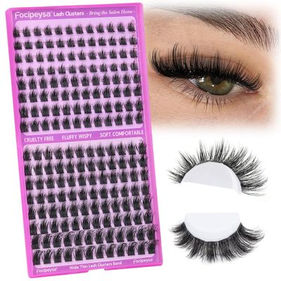 Focipeysa Lash Clusters Fluffy Eyelash Extensions 200pcs Wispy Eyelashes Clusters D Curl Individual Lash Extensions with Spikes 12-20mm Mixed Length DIY Eyelashes Extension at Home for Lash Beginners