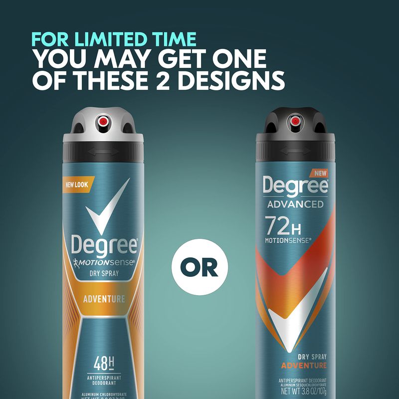 Degree Men Advanced Antiperspirant Deodorant Dry Spray Adventure 72-Hour Sweat and Odor Protection Deodorant For Men With MotionSense Technology, 3.8 Ounce (Pack of 3)