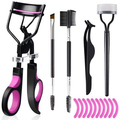 Eyelash Curlers Eyebrow Brush Kit for Women w Lash Curler, Eyelash Comb Seperator, Mascara Brushes, Eyelash Extension Tweezers, Angled Eyebrow Brush and Comb, 10 Silicone Refills Pads for Lash &amp; Brow