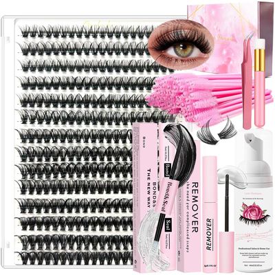 DIY Lash Extension Kit Cluster Lashes 280 Pcs 9-16mm 40D Individual Lashes Clusters with Lash Bond and Seal Glue Remover Tweezers Lash Shampoo Cleansing Brush Lash Brush