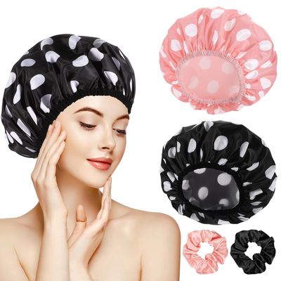 2 Sets Large Shower Caps for Women, Waterproof Shower Cap Double Layers Bath Caps Stocking Stuffers for Women Long Thick Hair