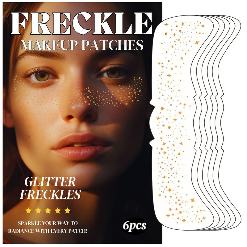 Gold Glitter Freckles Face Tattoo - 6PCS Glitter Face Freckle Tattoos Festival Cute Gold Glitter Sparkle Freckles Face Makeup for All Skin Types (Gold)