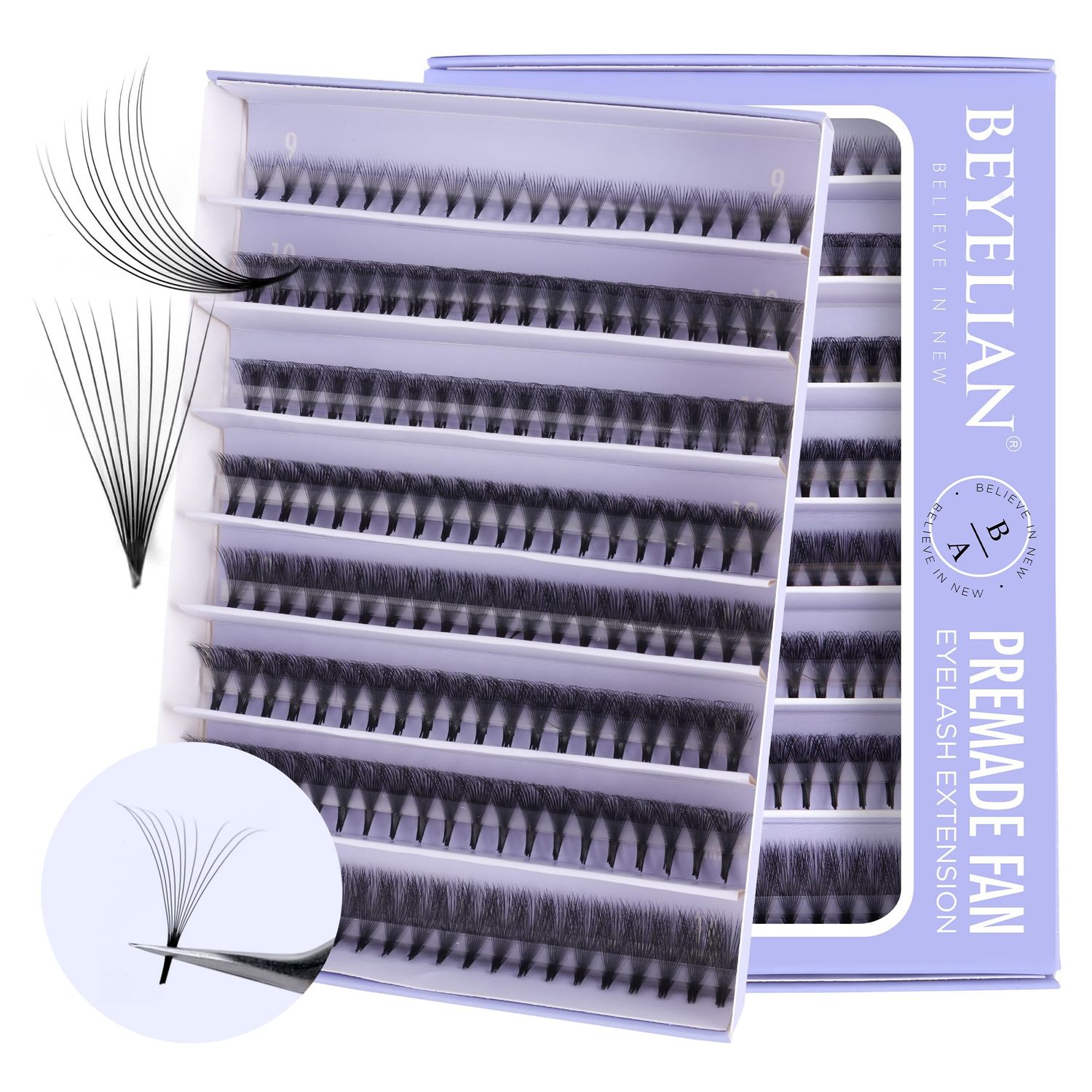 BEYELIAN Premade Volume Eyelash Extensions Mixed Tray 1000 Fans 9-16mm 0.07mm 10D D Curl Premade Fans Eyelash Extensions Handmade Promade Loose Fans Thin Base