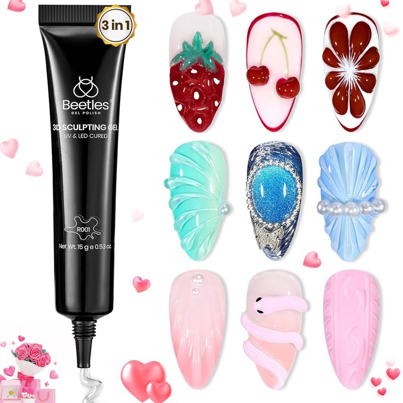 Beetles Sculpting Gel 3D Gel Nail Art Design - 3 in 1 Clear No Wipe Gel Nail Polish Rhinestone Nail Art Glue for Nail Art Gems Diamond Jewelry Nails Art Manicure Valentine's Day Gifts for Her