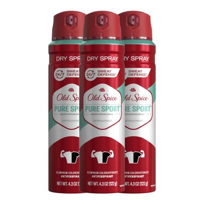 Old Spice Men&#39;s High Endurance Anti-Perspirant and Deodorant Invisible Dry Spray for Men, Pure Sport Scent, 4.3 oz (Pack of 3)