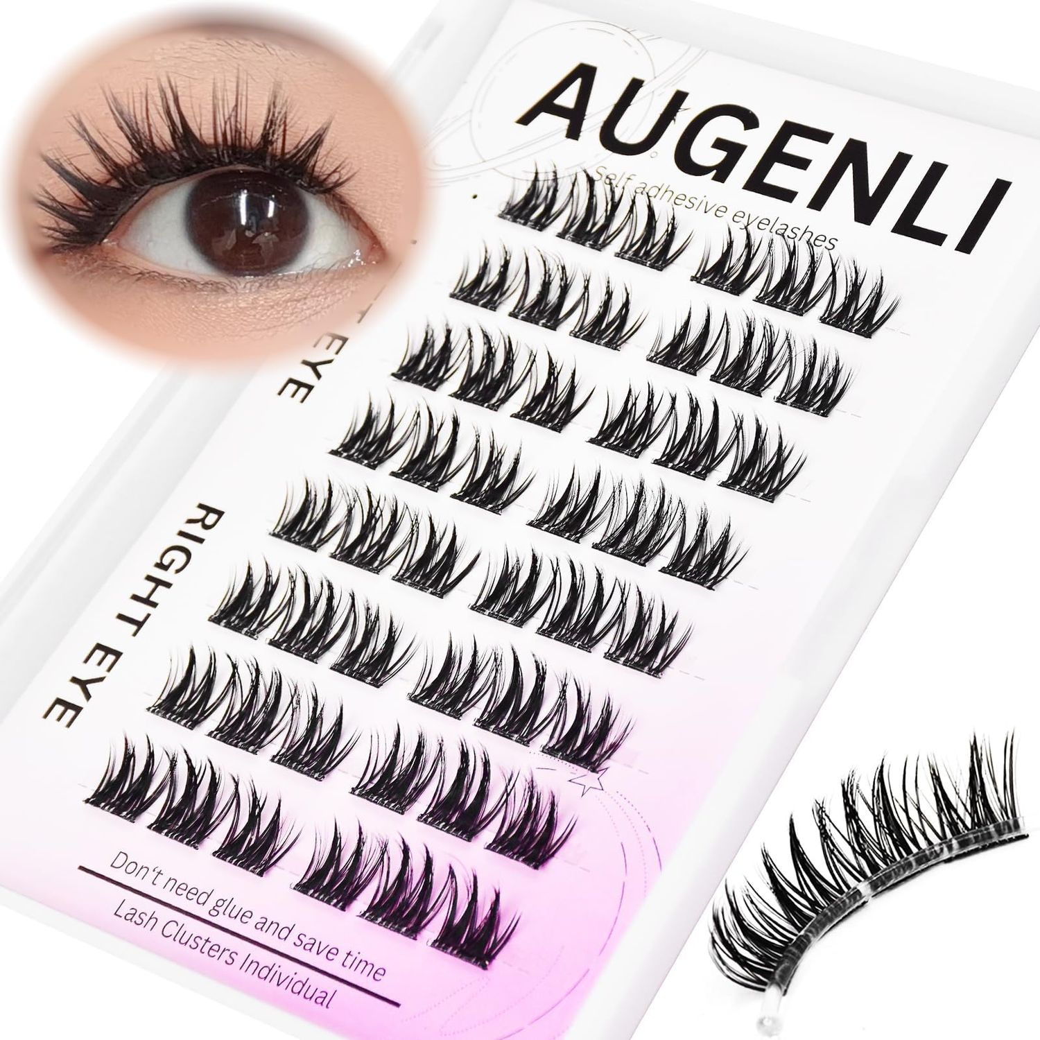 AUGENLI Self Adhesive Lash Clusters Eyelashes, Press-on Lashes 12mm Individual Lash Extension Kit, Clear Band No Glue Needed Natural Self Adhesive DIY Eyelash Extension (02)