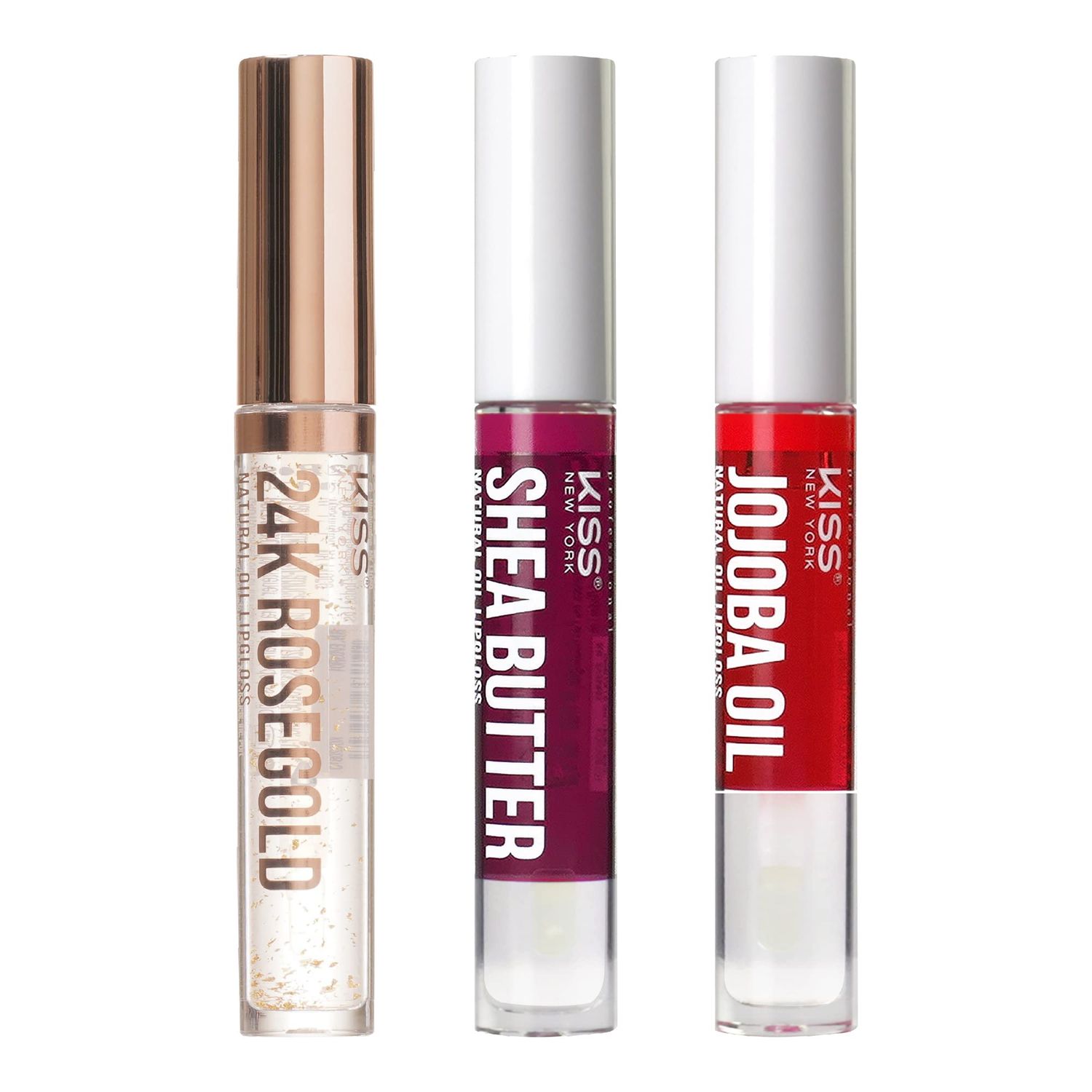 Kiss New York 3 PACK Lip Oil Gloss, Hydrating Non-Sticky Lip Oil, 100% Natural Oil Clear Lip Gloss, Lightweight Lip Moisturizer (Rosegold &amp; Shea Butter &amp; Jojoba)