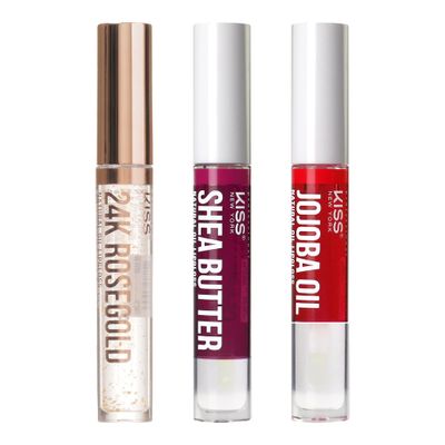 Kiss New York 3 PACK Lip Oil Gloss, Hydrating Non-Sticky Lip Oil, 100% Natural Oil Clear Lip Gloss, Lightweight Lip Moisturizer (Rosegold &amp; Shea Butter &amp; Jojoba)