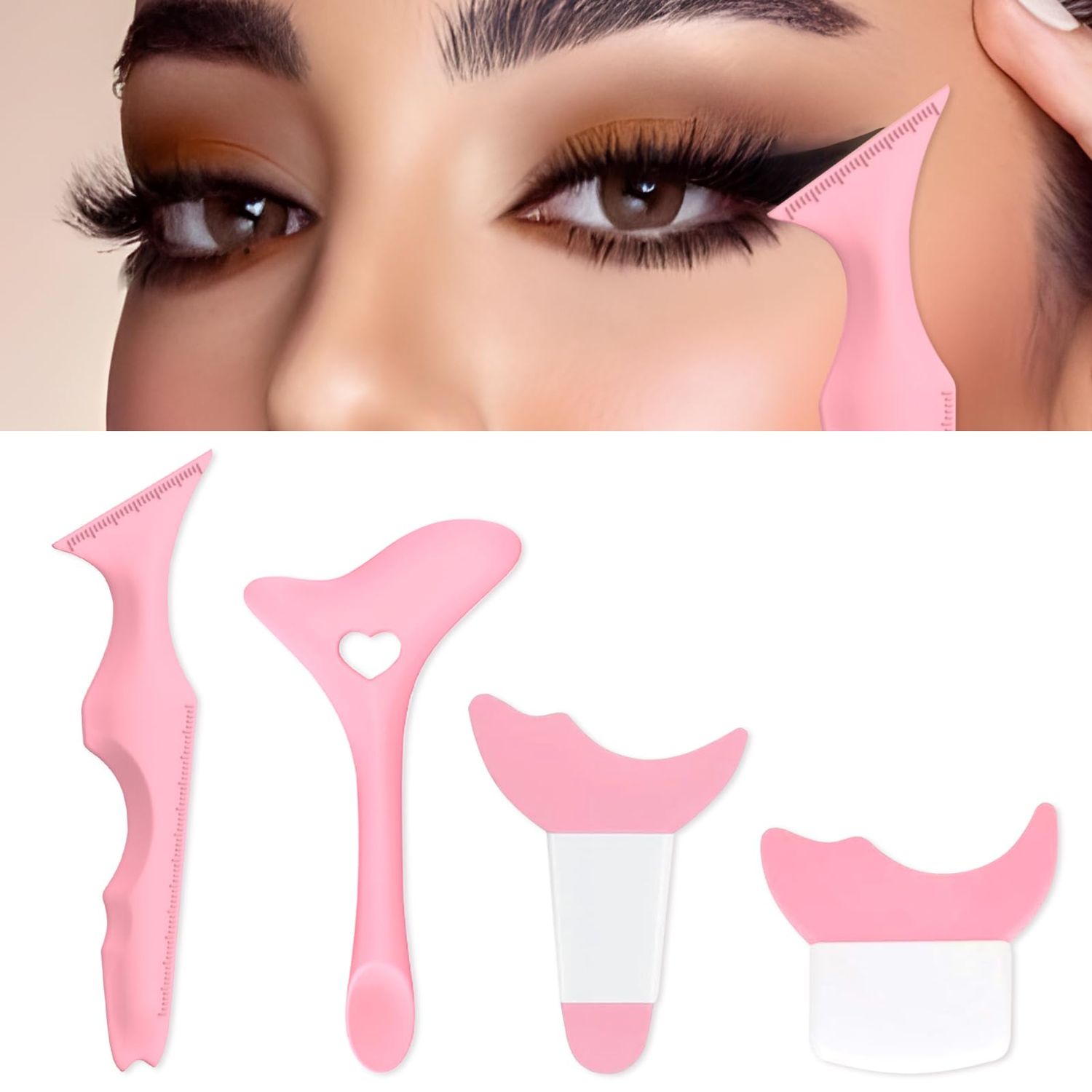 IDDFEVE 4Pcs Eyeliner Stencils, Silicone Winged Tip, Multifunctional Mascara Shield for Eyeshadow and Eyelashes, Professional &amp;Quick Cat Eye Makeup Tool for Beginners (Pink)