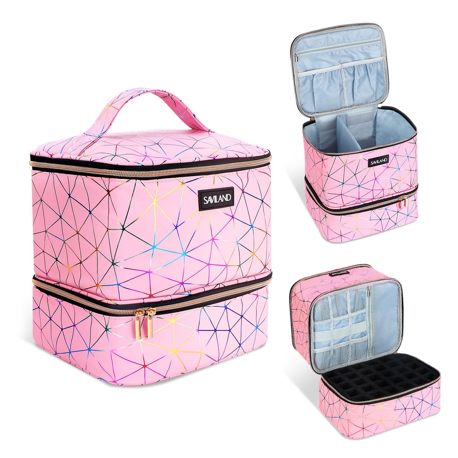 SAVILAND Nail Polish Organizer Bag PU Leather Nail Polish Storage Organizer Holds 30 Bottles &amp; Nail Lamp, Nail Polish Holder Travel Carrying Case Box Nail Tech Organizer Storage Bag for Nail Supplies
