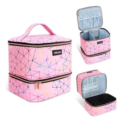 SAVILAND Nail Polish Organizer Bag PU Leather Nail Polish Storage Organizer Holds 30 Bottles &amp; Nail Lamp, Nail Polish Holder Travel Carrying Case Box Nail Tech Organizer Storage Bag for Nail Supplies