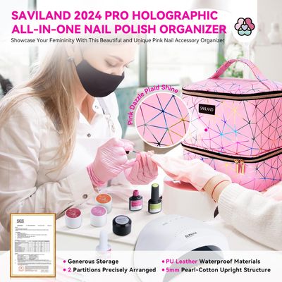 SAVILAND Nail Polish Organizer Bag PU Leather Nail Polish Storage Organizer Holds 30 Bottles &amp; Nail Lamp, Nail Polish Holder Travel Carrying Case Box Nail Tech Organizer Storage Bag for Nail Supplies