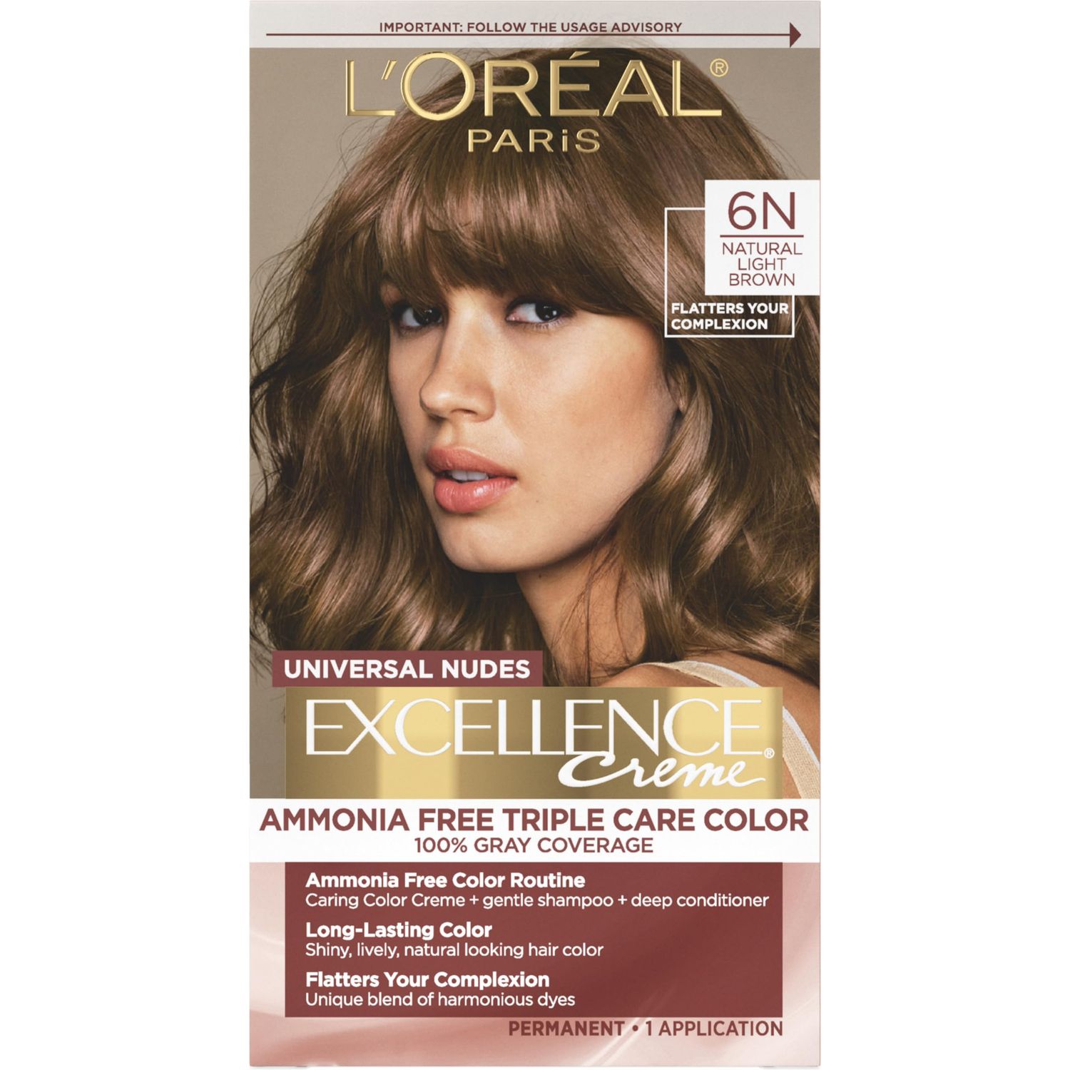 LOral Paris Excellence Universal Nudes Permanent Hair Color, Ammonia Free Hair Dye for Gray Hair Coverage, 6N Natural Light Brown, 1 Hair Dye Kit