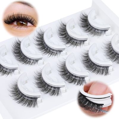 Self Adhesive Eyelashes Natural Self Adhesive Lashes No Glue Needed Cat Eye False Eyelashes Wispy 3D Fluffy Fake Eyelashes Short Self Adhesive 5 Pairs Lashes