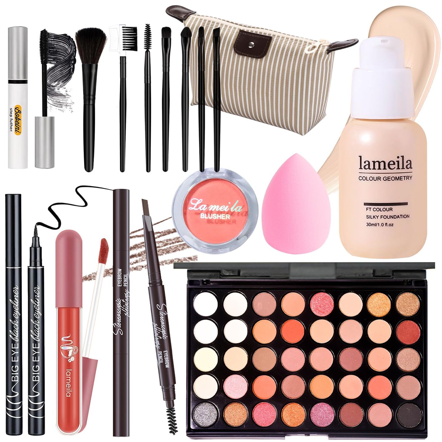 YBUETE Makeup Set Full Kit for Girls Teens Women, Makeup Present Set, Includes Eyeshadow, Foundation, Blusher, Eyebrow Pencil, Mascara, Eyeliner, Brushes, Lip Gloss, Sponge, Cosmetic Bag