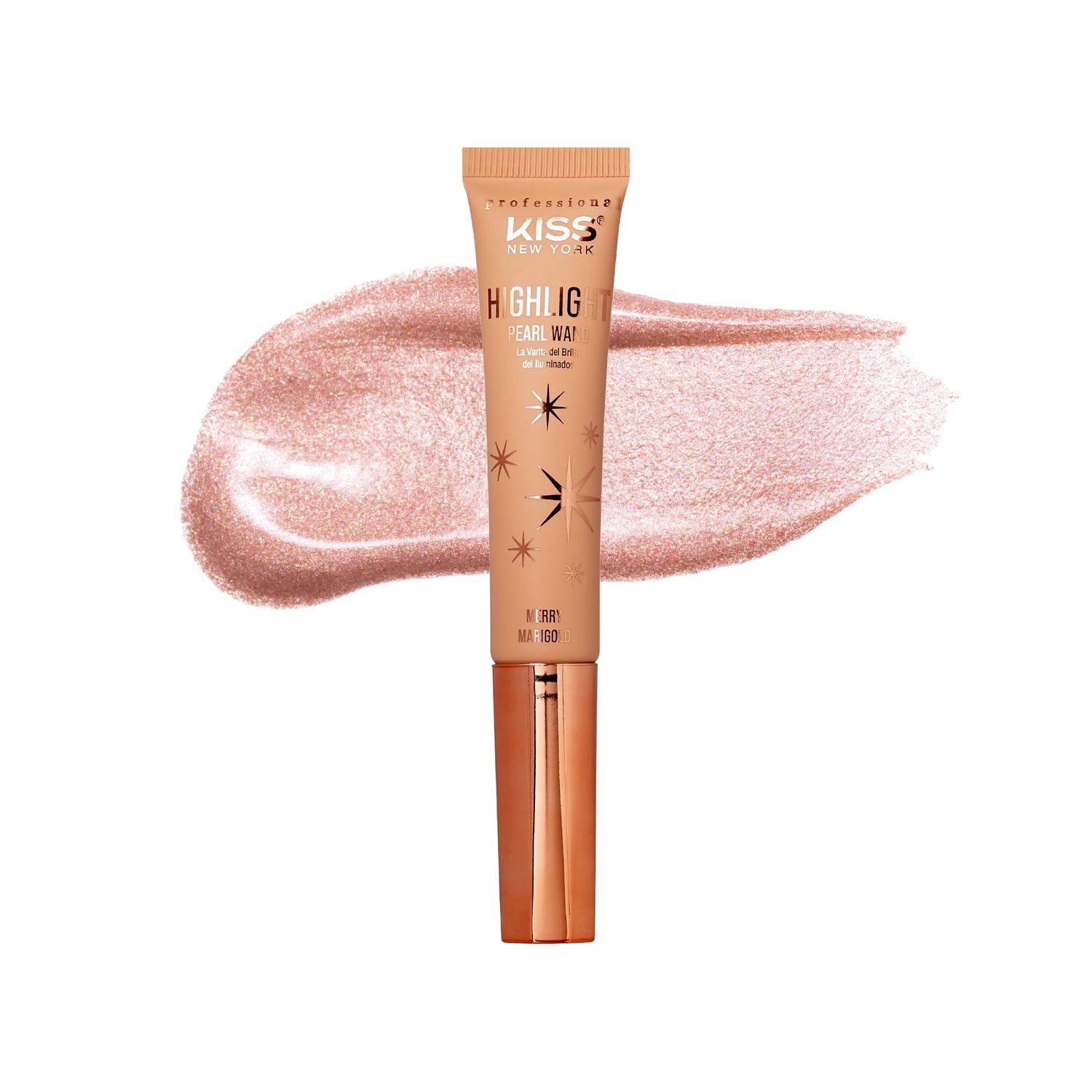 Kiss New York Professional Pearl Liquid Highlighter Beauty Wand, Radiant Glow for Cheek Eye &amp; Lip, Non-Greasy Hydration Lightweight with Sponge-Tip Applicator (Merry Marigold)