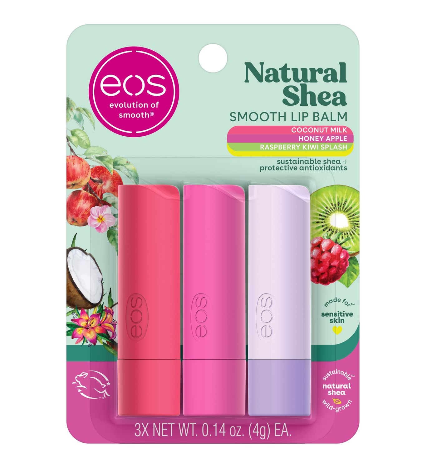 eos Natural Shea Lip Balm, Honey Apple, Coconut Milk &amp; Raspberry Kiwi Splash, All-Day Moisture, Lip Care Products, 0.14 oz, 3-Pack